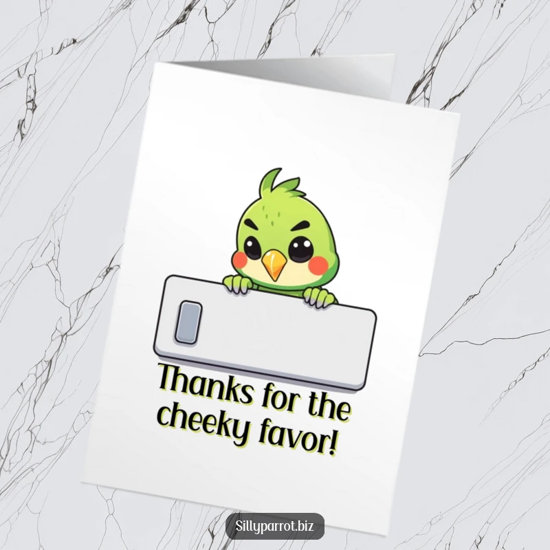 Funny Free Printable Thank You Card: Mischievous parrot peeking over a cubicle wall, office humor, bird character.