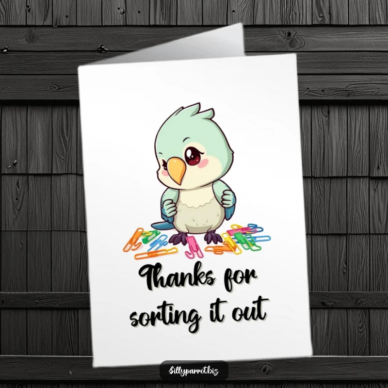 Funny Free Printable Thank You Card: Organized parrot character sorts paper clips to express sincere gratitude.