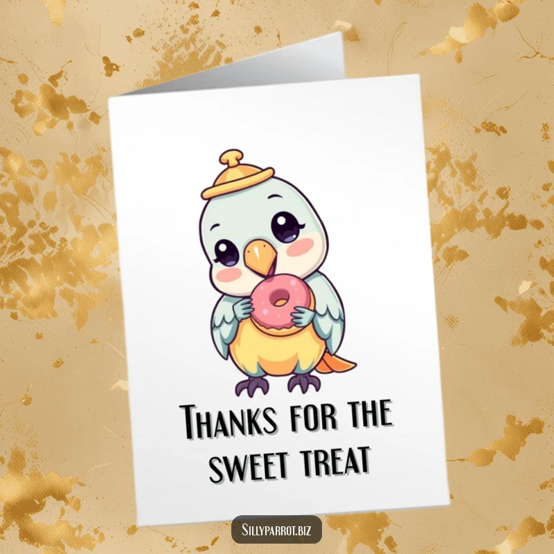 Funny Free Printable Thank You Card: Parrot character wearing a tilted hat enjoys a tiny donut, conveying thanks.
