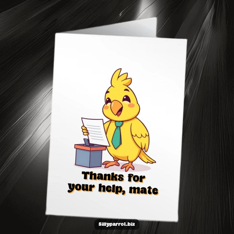 Funny Free Printable Thank You Card: A happy parrot in a tie presents a document at a desk, conveying sincere and humorous thanks.