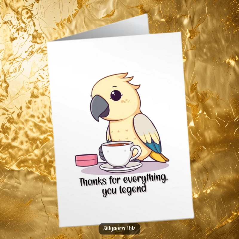 Funny Free Printable Thank You Card: A parrot pauses its work to enjoy a tiny cup of tea.