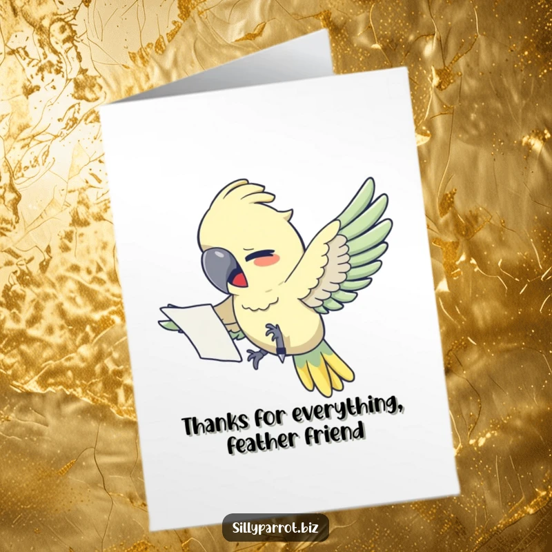 Funny free printable thank you card featuring a frantic parrot overloaded with papers needing a pen.