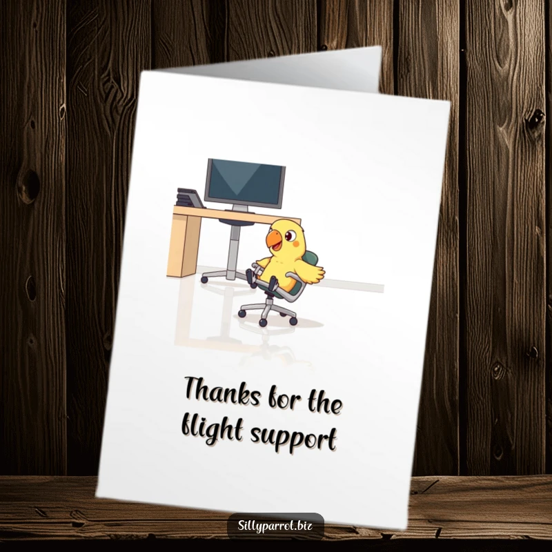 Funny Free Printable Thank You Card of a parrot speeding on a chair, humorously expressing thanks across an office floor.