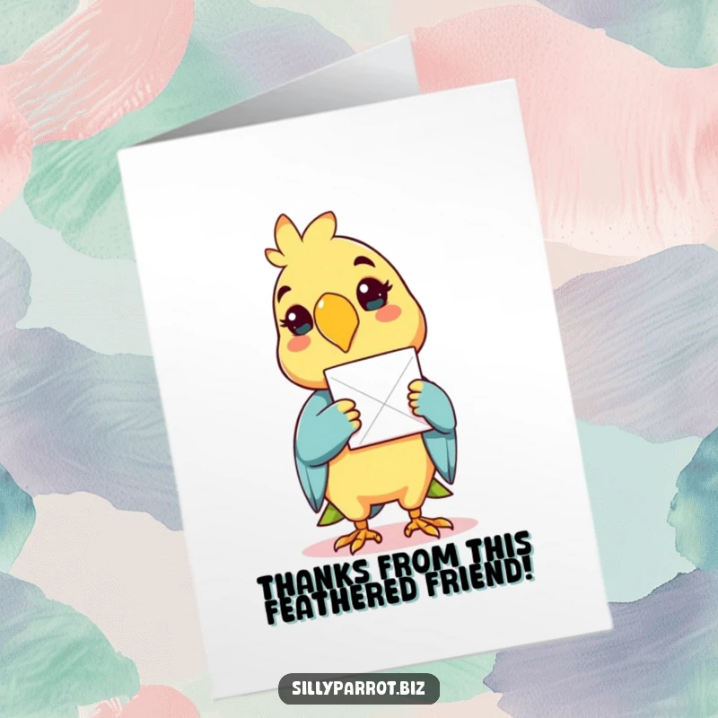 Funny Free Printable Thank You Card: Parrot cheerfully delivering paper in its beak, cute bird art, expressing thanks.