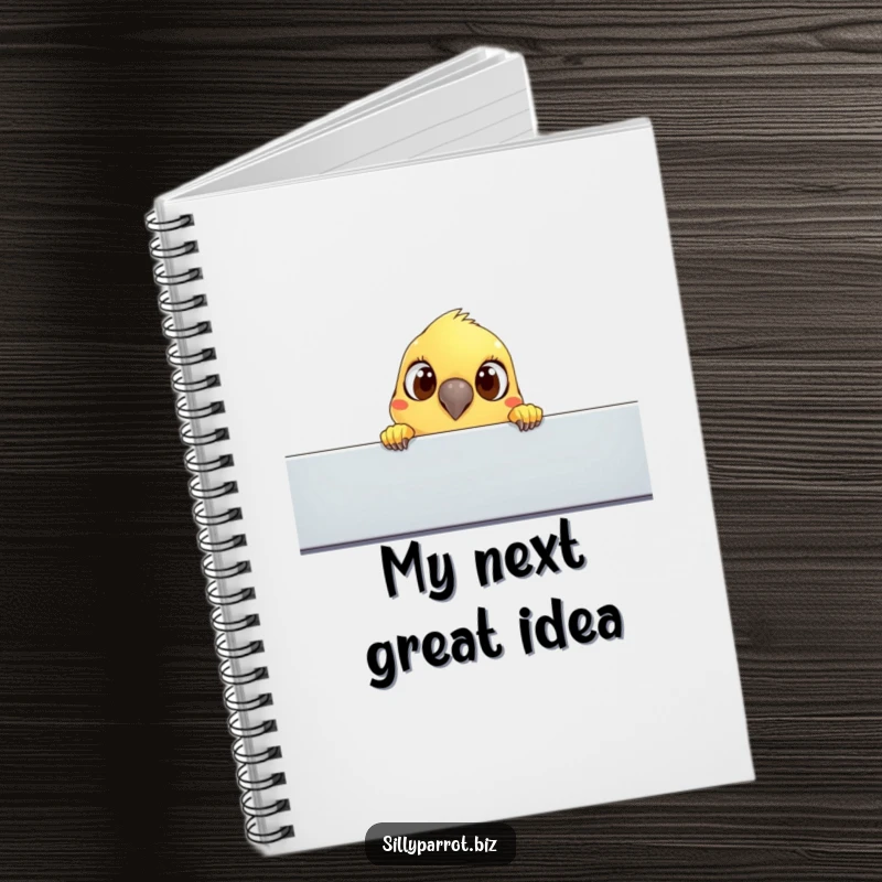 Funny notebook: A parrot with wide eyes peeks over a cubicle, a humorous symbol for capturing ideas and observations.