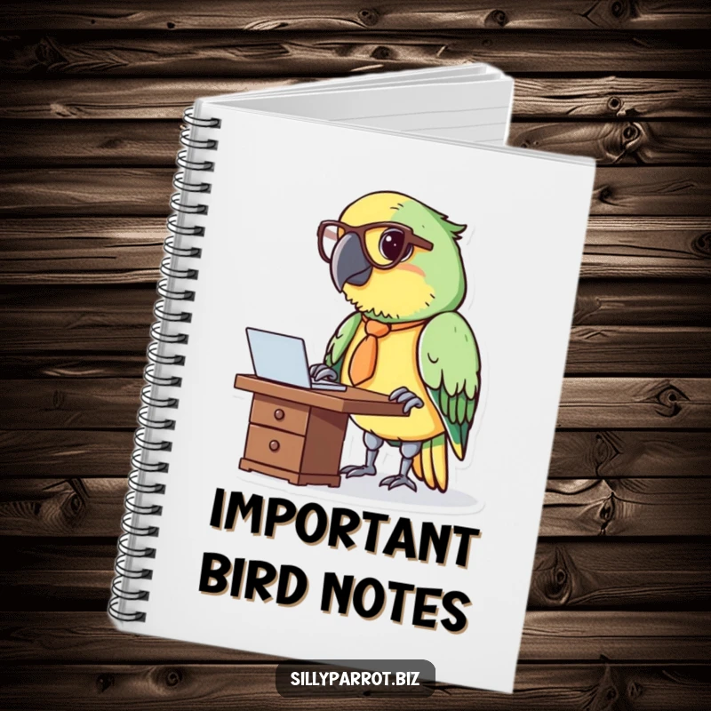 Funny notebook cover showing a parrot in a tie and glasses working at a miniature desk.