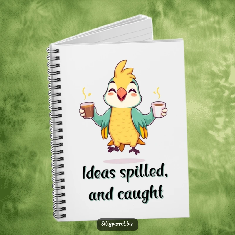 Funny notebook featuring a cheerful parrot juggling coffee cups, ready to capture your creative thoughts and plans.
