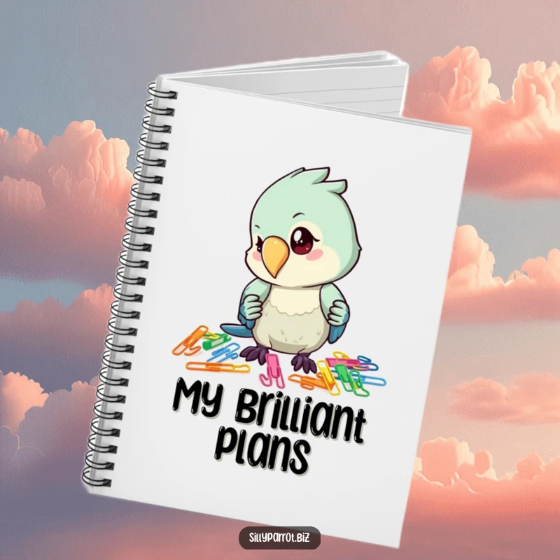 Funny notebook cover with a parrot character meticulously organizing a vibrant collection of colorful paper clips with its beak.