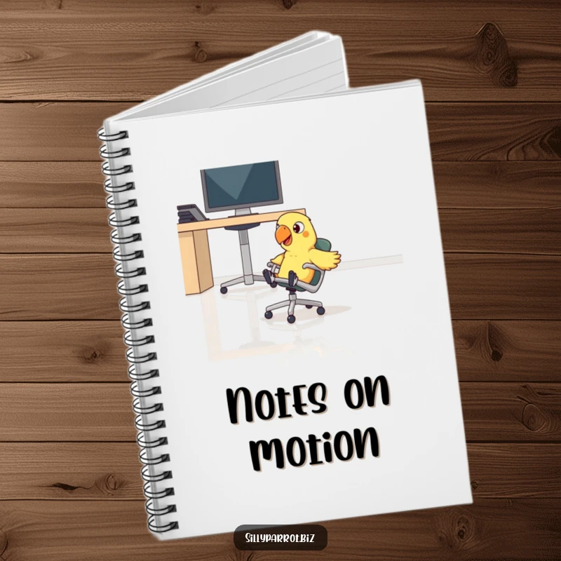 Funny parrot comically sliding on a rolling chair across an office floor on the cover of a notebook.