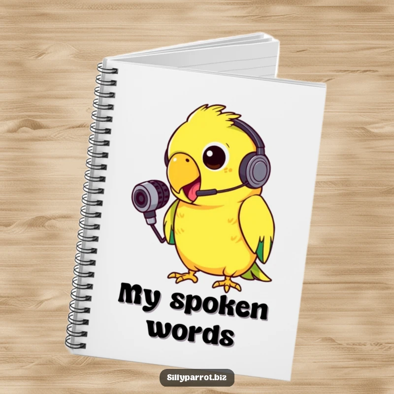 Funny notebook with a silly parrot wearing a tiny headset, energetically squawking into a small microphone on the cover, ready for notes.