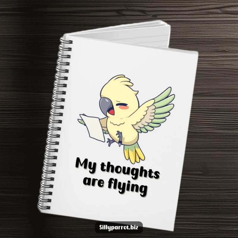 Funny notebook: A parrot clutches papers, a comical illustration of office stress and the need for organization.