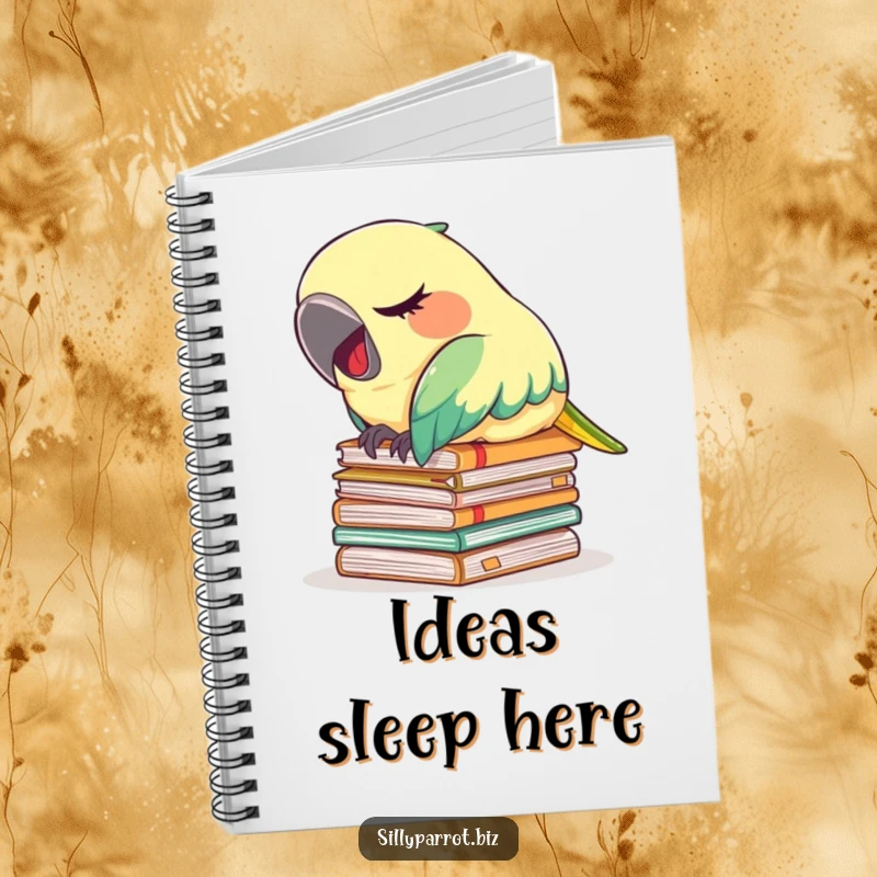 Funny notebook featuring a tired parrot napping on files, yawning, ready to hold your notes and tired thoughts.