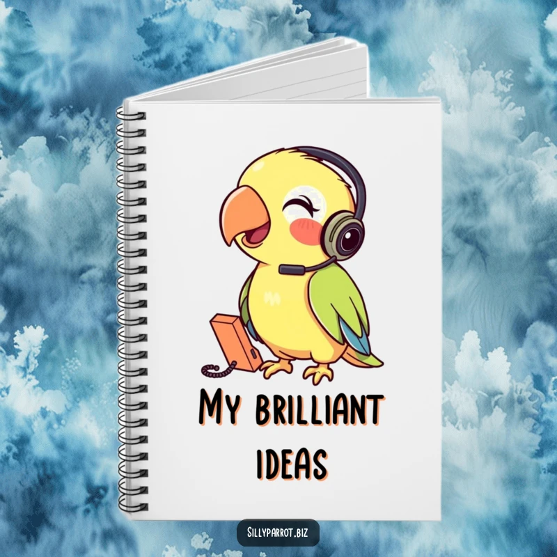 Funny Parrot Notebook with a parrot wearing a headset talking into a tiny phone, ideal for jotting notes with a humorous touch.
