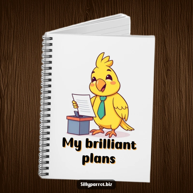 Funny notebook with a happy parrot in a tiny tie, enthusiastically presenting a document at a small desk on the cover, ready for notes.