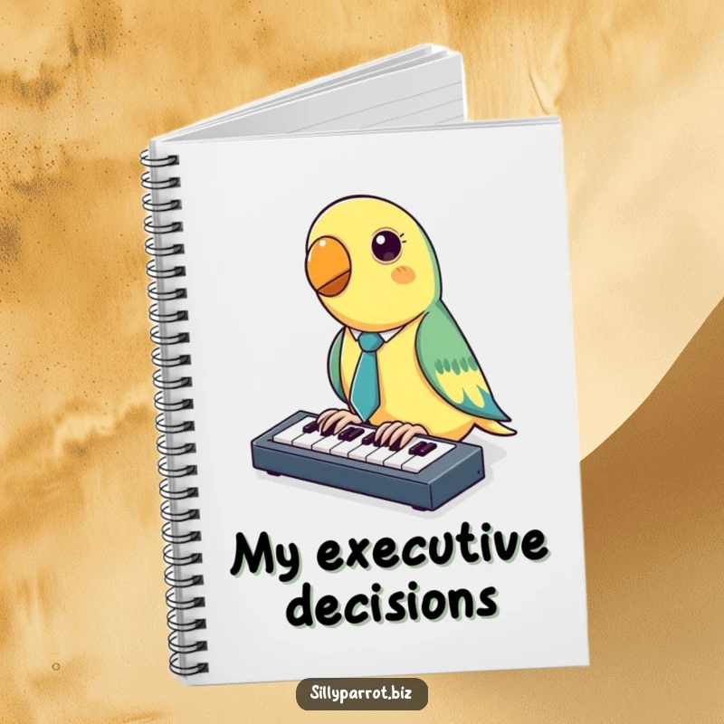 Funny Parrot Notebook with a parrot in a tiny tie tapping on a miniature keyboard, ideal for jotting notes with a humorous touch.