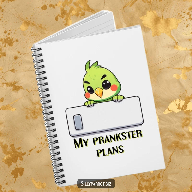 Funny notebook cover of a parrot peeking over a cubicle wall with a mischievous grin.