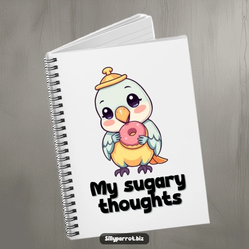 Funny notebook cover featuring a parrot wearing a tilted hat, enjoying a tiny donut, perfect for jotting ideas.