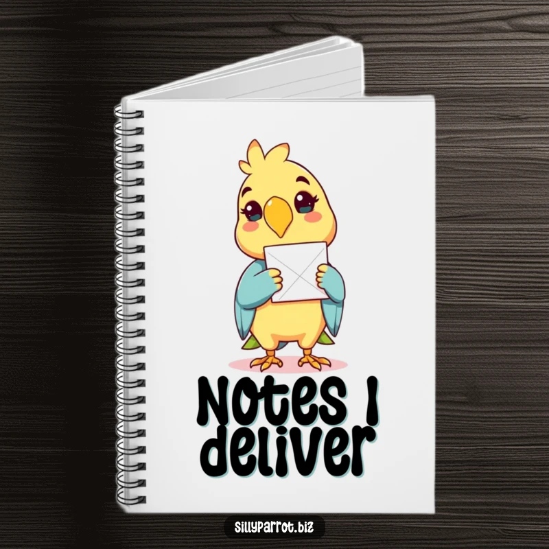 Funny notebook cover of a cheerful parrot delivering a single sheet of paper with its beak.