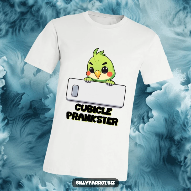 Funny t-shirt design of a parrot peeking over a cubicle wall with a mischievous, sly grin.
