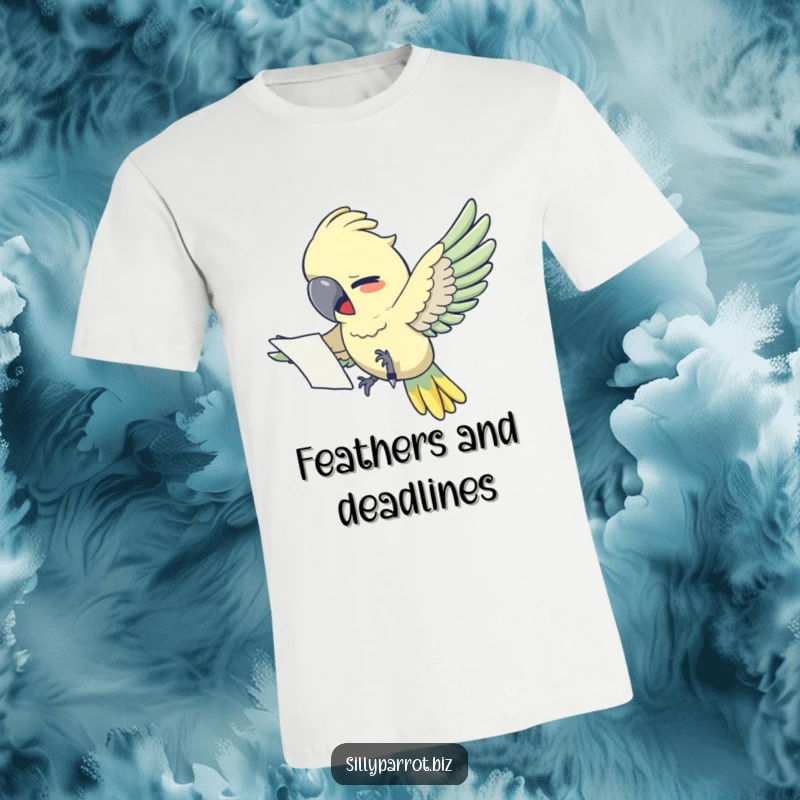 Funny t-shirt: A frantic parrot clutches papers mid-flight, a comical depiction of office stress and the hunt for a pen.