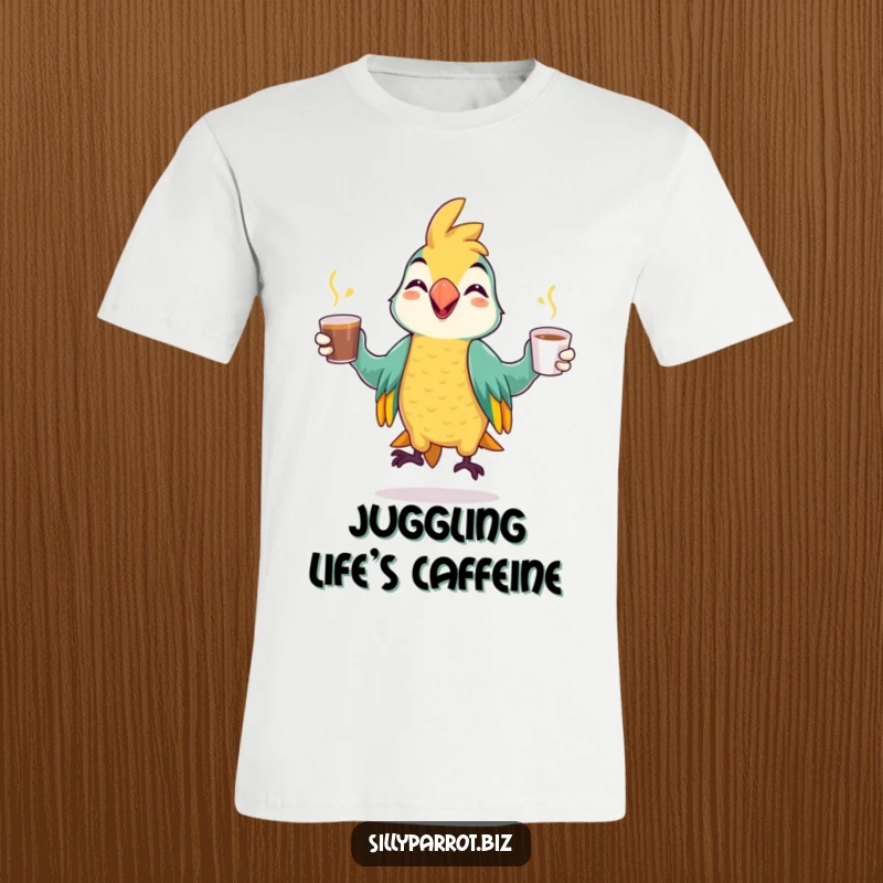 Funny t-shirt with a cheerful parrot skillfully juggling coffee cups, sporting a mischievous grin, embodying fun chaos.