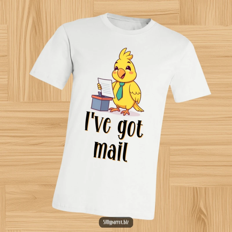 Funny t-shirt design of a happy parrot in a small tie, enthusiastically presenting a document while seated at a tiny desk.