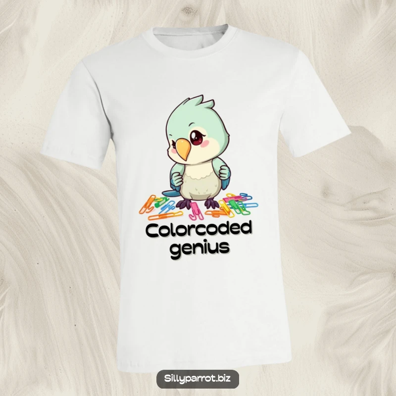Funny t-shirt showcasing a parrot with intense focus, meticulously arranging a collection of brightly colored paper clips with its beak.
