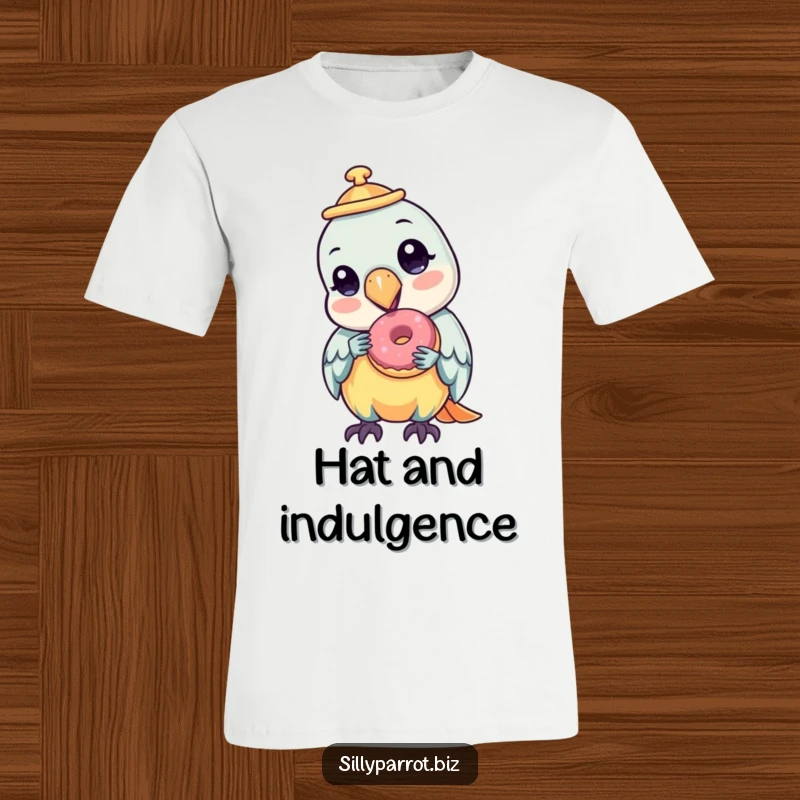 Funny t-shirt with a parrot character wearing a tilted hat, joyfully eating a miniature donut, looking absolutely delightful.