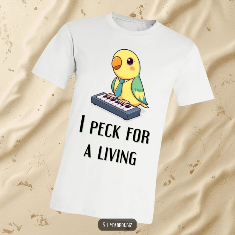 Funny Parrot T-Shirt featuring a parrot in a tiny tie enthusiastically typing on a miniature keyboard, capturing a humorous work scene.