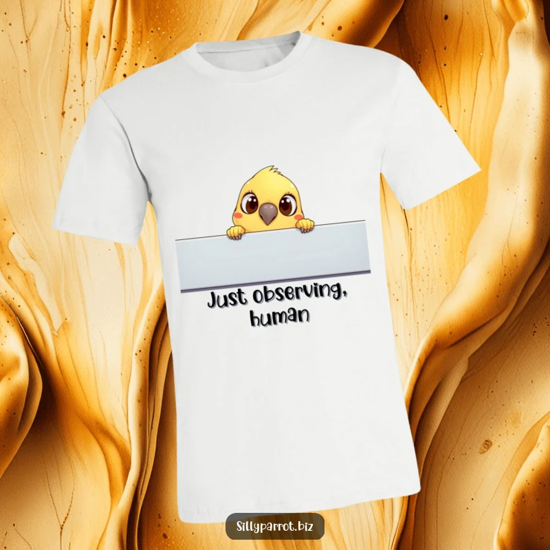 Funny t-shirt: A parrot with large, inquisitive eyes peeks over a cubicle wall, capturing a moment of playful office curiosity.