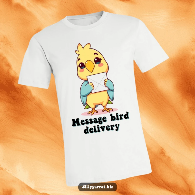 Funny t-shirt design of a cheerful parrot delivering a single sheet of paper with its beak.