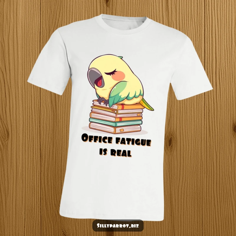 Funny t-shirt depicting a sleepy parrot dozing on a pile of documents, complete with a tiny, adorable yawn.