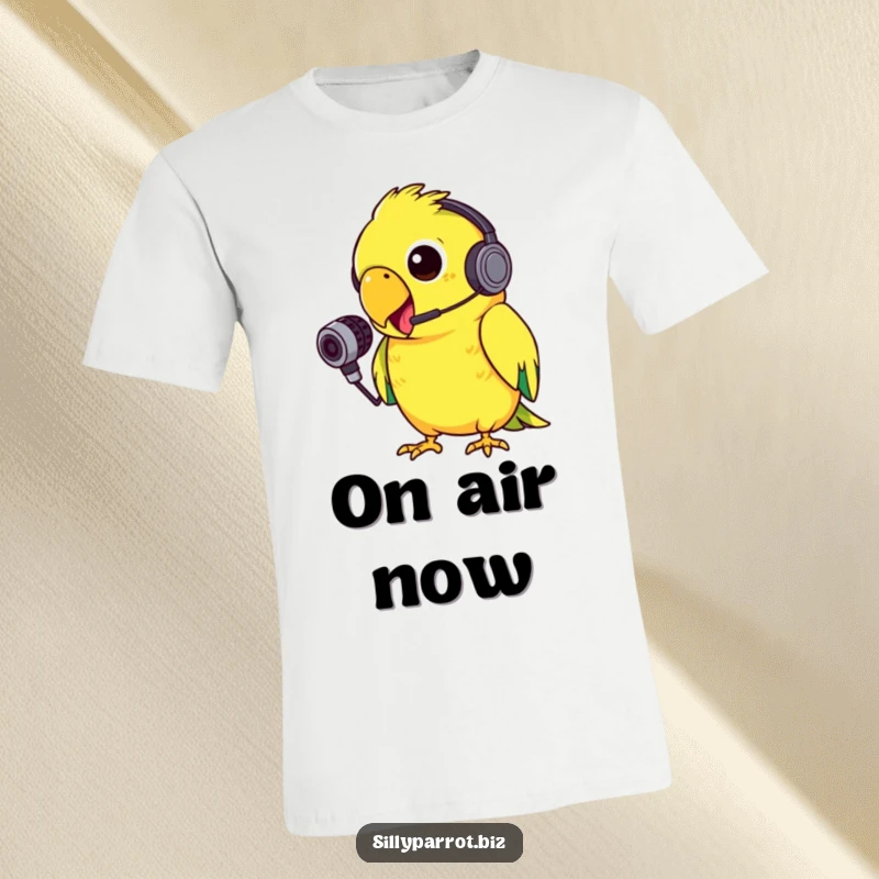 Funny t-shirt design of a silly parrot wearing a tiny headset, energetically squawking into a small microphone with great gusto.