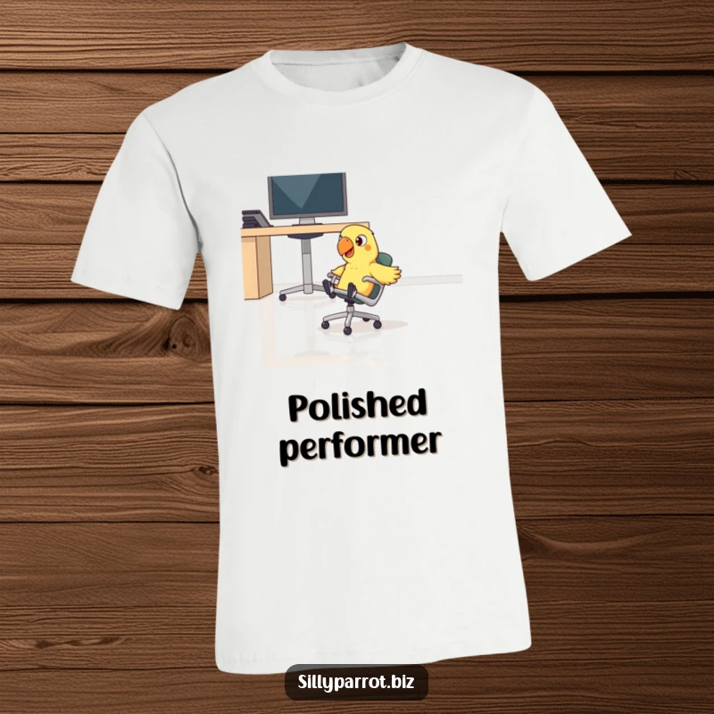 Funny parrot comically sliding fast across a polished office floor on a rolling chair on this t-shirt.