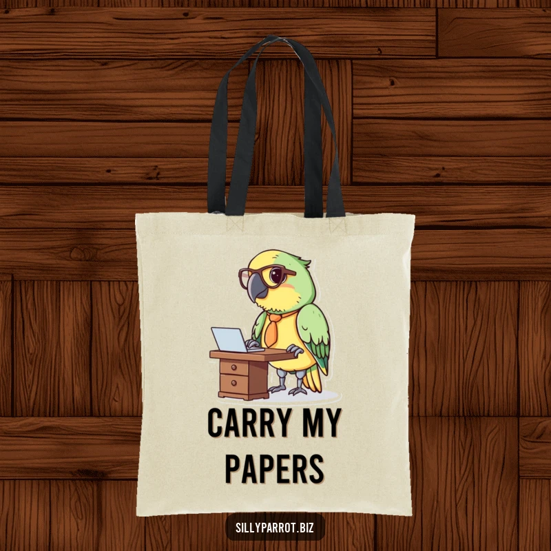 Funny tote bag with a parrot wearing a tie and glasses, focused on its mini desk.