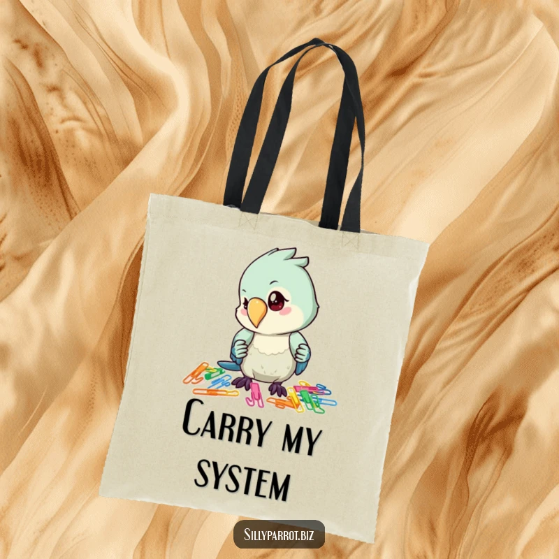 Funny tote bag featuring a parrot concentrating on sorting a scattered array of colorful paper clips, symbolizing order.