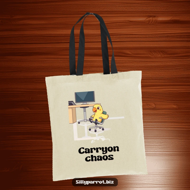 Funny parrot comically sliding on a rolling chair across an office floor on a durable tote bag.