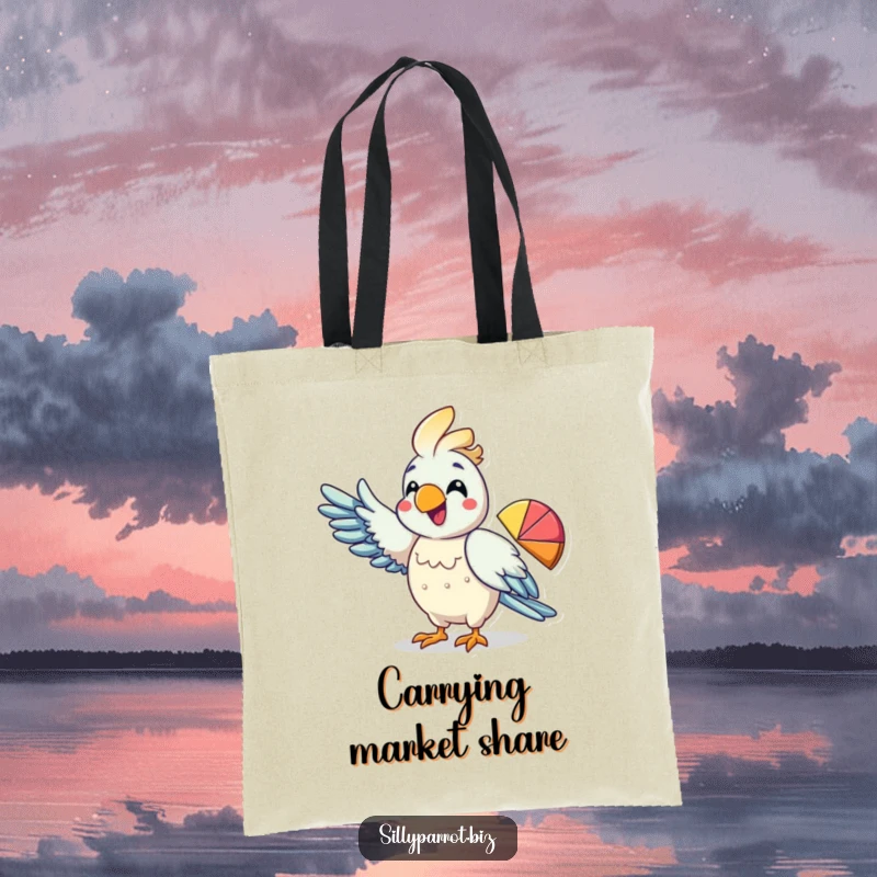 Funny tote bag featuring an energetic parrot pointing its wing at a pie chart, ideal for data enthusiasts.
