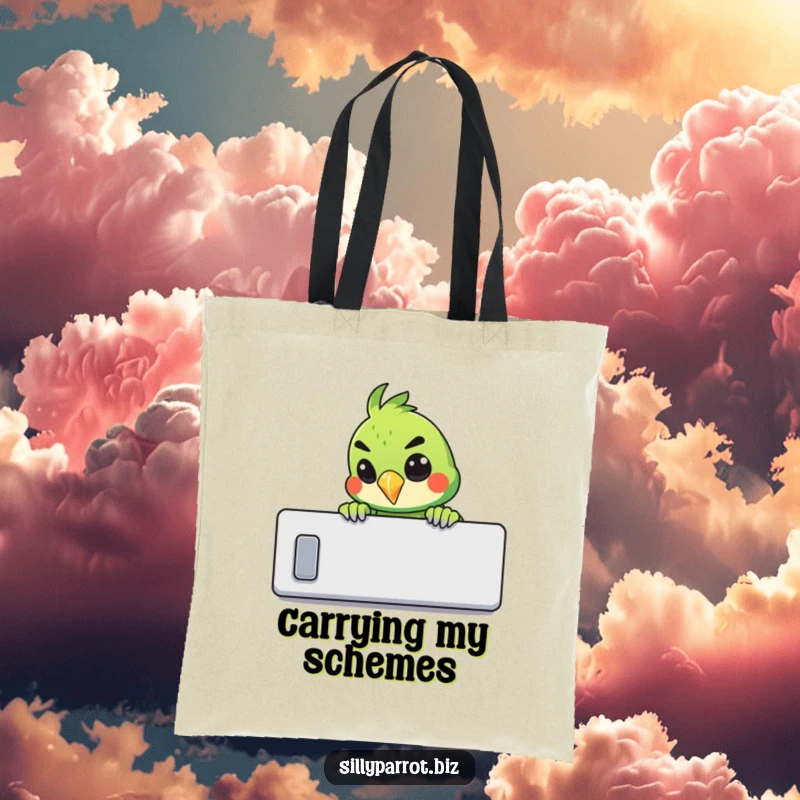 Funny tote bag of a parrot peeking over a cubicle wall with a mischievous grin.