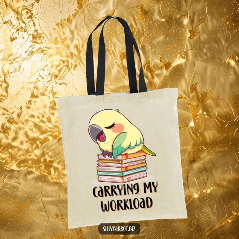 Funny tote bag featuring a tired parrot napping on files, yawning softly, perfect for carrying your daily burdens.