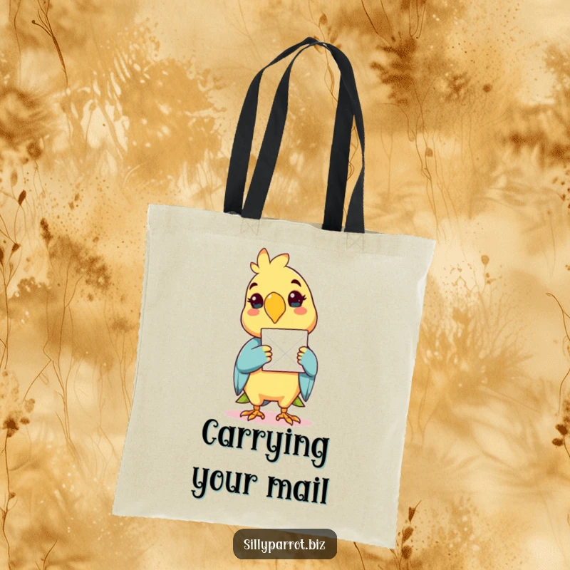 Funny tote bag of a cheerful parrot delivering a single sheet of paper in its beak.