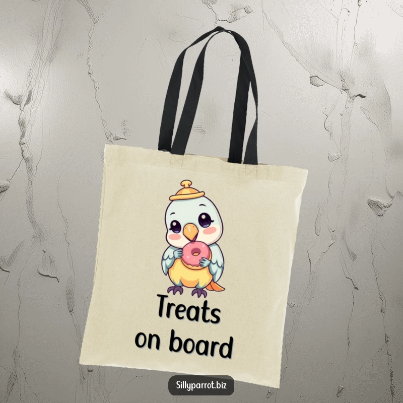 Funny tote bag depicting a parrot wearing a tilted hat, happily savoring a tiny, delicious donut.