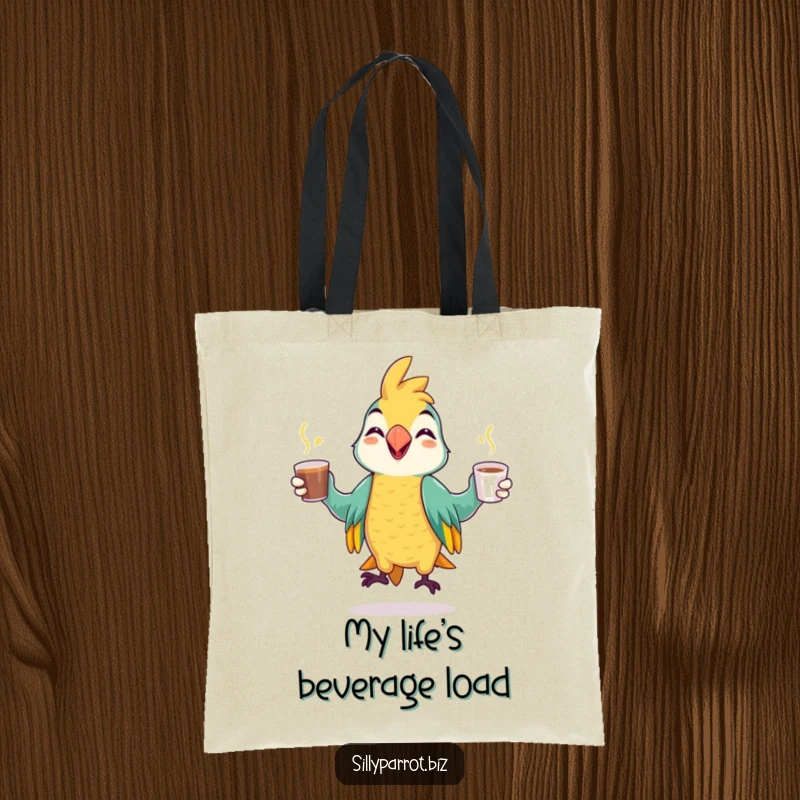 Funny tote bag featuring a happy parrot juggling coffee cups with a mischievous grin, perfect for carrying essentials.
