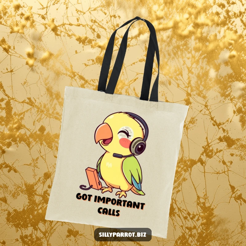 Funny Parrot Tote Bag featuring a parrot wearing a headset talking into a tiny phone, practical and full of communication humor.