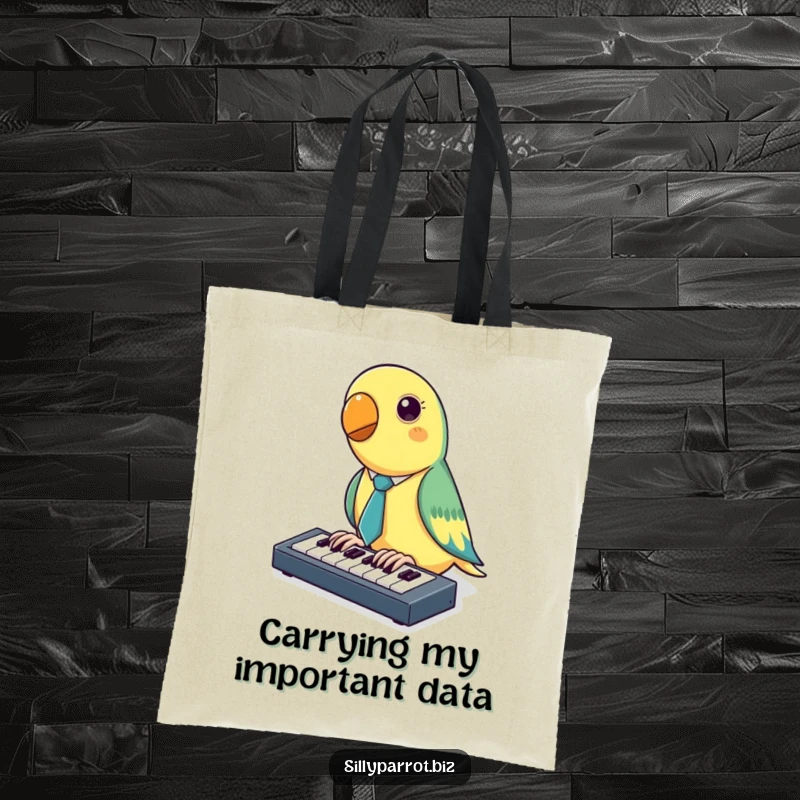 Funny Parrot Tote Bag featuring a parrot in a tiny tie tapping on a miniature keyboard, practical and full of office humor.