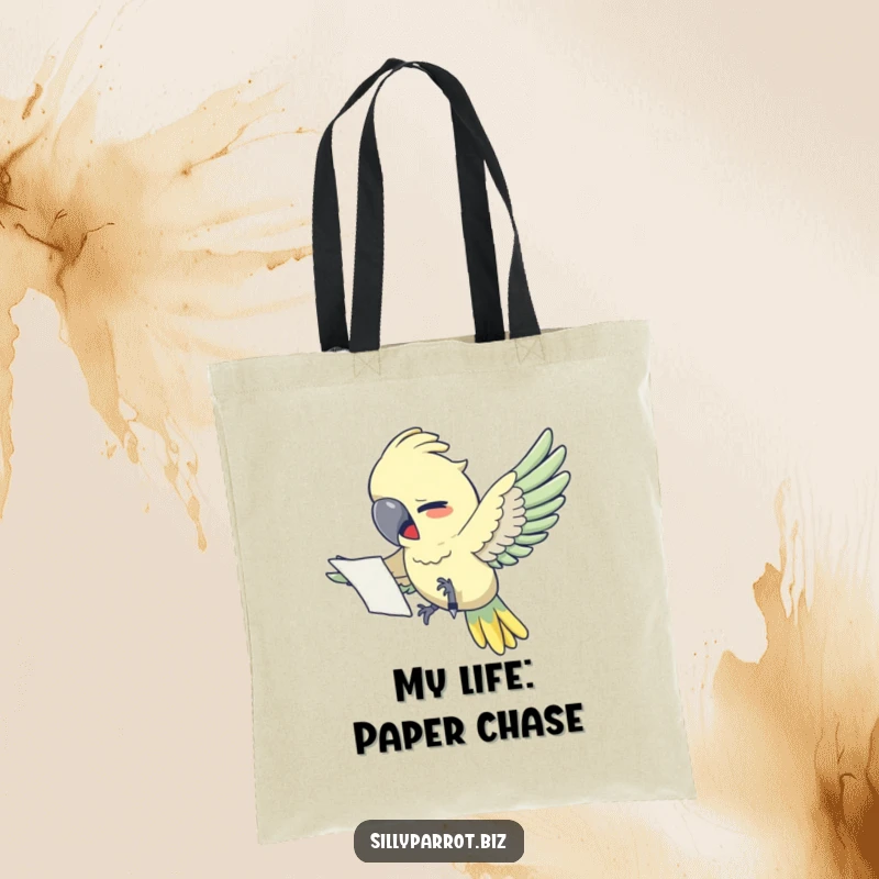 Funny tote bag: A stressed parrot flies with papers, a humorous scene of office chaos and the search for a writing tool.