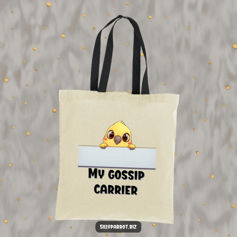 Funny tote bag: A parrot with large, curious eyes peeks over a cubicle, a humorous symbol of office observation.