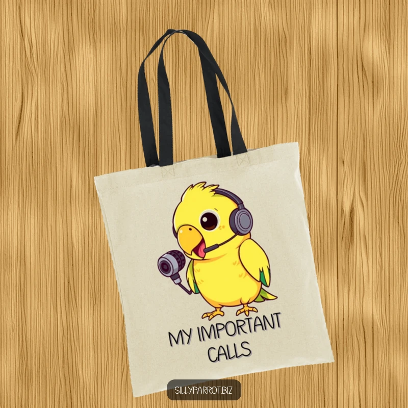 Funny tote bag featuring a silly parrot with a tiny headset, squawking energetically into a small microphone, ready to share.