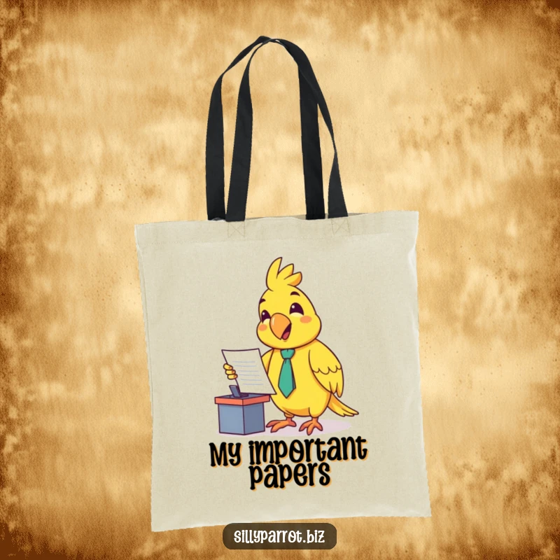 Funny tote bag featuring a happy parrot in a small tie, enthusiastically presenting a document at a tiny desk, ready for work.